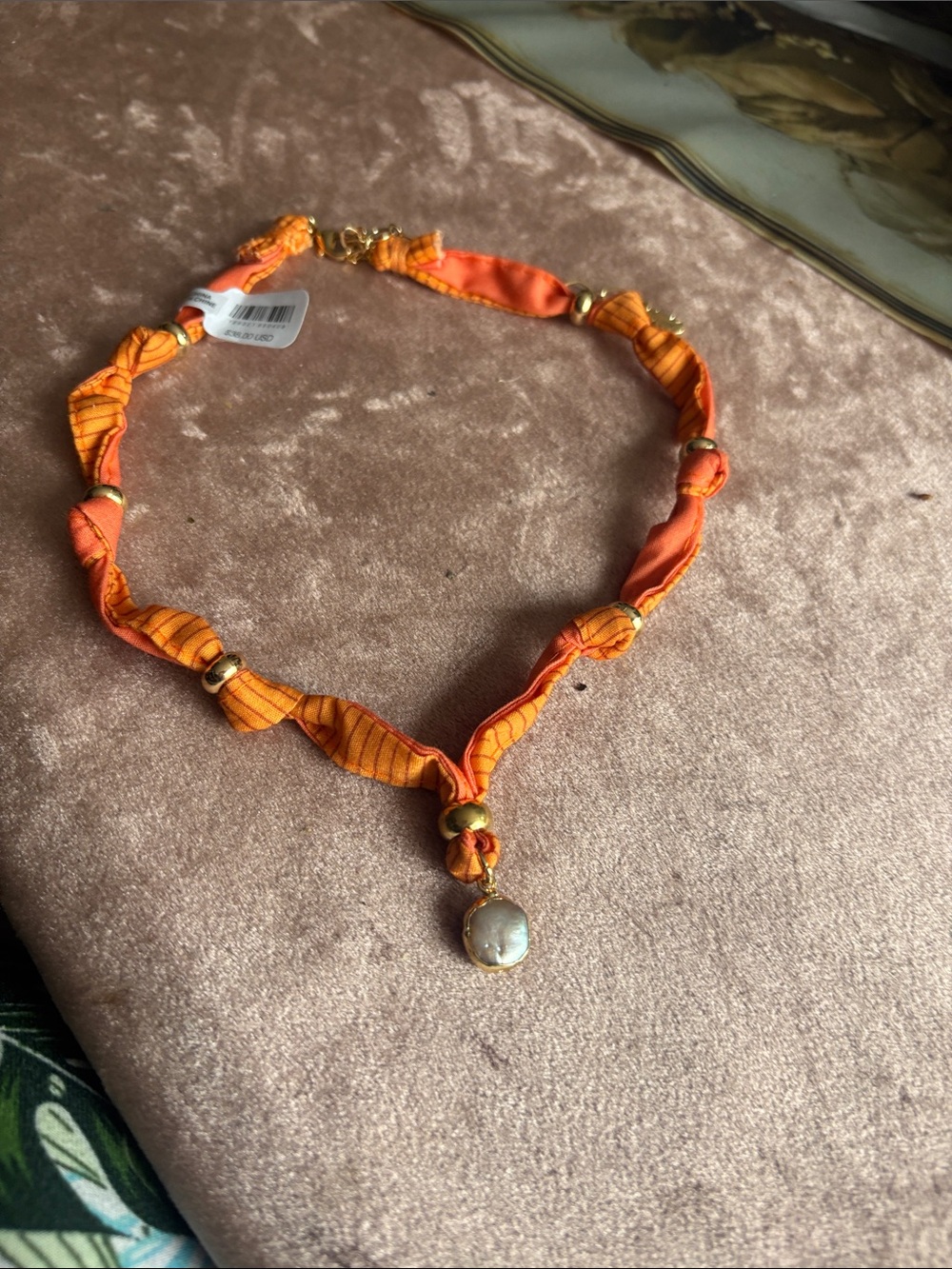 Free People Orange Knotted Fabric Necklace with Gold and Pearl Charm
